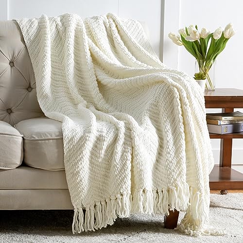 BEDSURE Cremeweiße Überwurfdecke für Couch, gestrickte gewebte Chenille-Decke, vielseitig Stuhl, 127,7 x 152,4 cm – superweiche, warme dekorative Elfenbeindecke mit Quasten Bett, Sofa und Wohnzimmer von BEDSURE