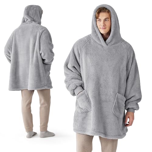 BEDSURE Hoodie Decke mit Ärmeln - Kuschelpullover als Geschenke für Frauen - Übergroßer Tragbare Decke Kuscheldecke mit Ärmeln Geschenke zum Vatertag Männer Herren Damen xxl, Grau 107x90 cm von BEDSURE
