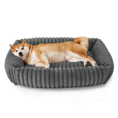 BEDSURE Hundebett Grosse Hunde orthopädisch, 91x68x20cm Cord Fleece waschbares Hundekorb, rutschfest Hunde bettchen mit hohem Rand, grau von BEDSURE