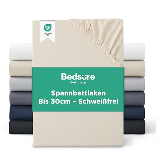 Bedsure Spannbettlaken 160x200cm Bis 30cm - Bettlaken 160 x 200 Boxspringbett, Oeko-TEX Zertifiziert Spannbetttücher, Gebürsteter-Mikrofaser, Atmungsaktiv & Schnelltrocknend, Beige von BEDSURE