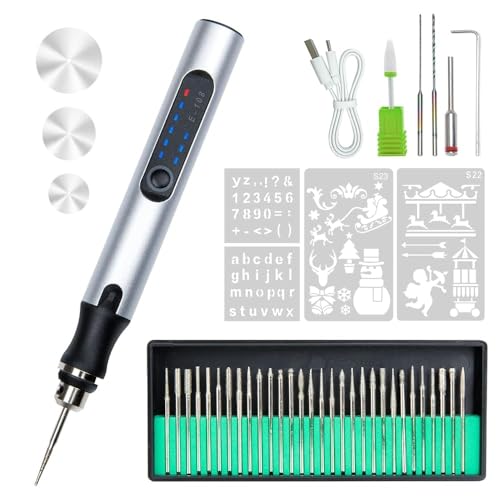 BEE&FLOWER Elektrischer Gravierstift – USB Wiederaufladbarer Gravurstift mit 36 Bits, Einstellbar bis 18.000 U/min, Tragbare Graviermaschine für Schmuck, Holz, Glas, Metall, Keramik (Silber) von BEE&FLOWER