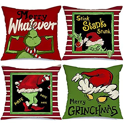 BEE&FLOWER Grinch Kissenbezüge 4 Stück Set Weihnachtsdekoration Kissenbezüge Grinch 45x45cm Leinen Dekokissen Dekorative Kissenhülle Urlaub Bauernhaus Zuhause Schlafzimmer Dekoratives Kissen von BEE&FLOWER