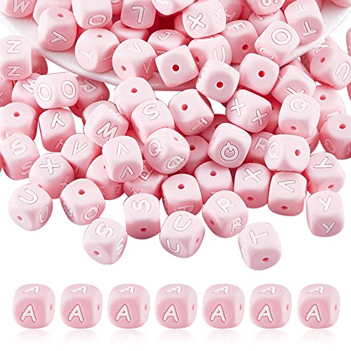 BEEFLYING 20 Stück Rosa Würfel Buchstabe A Silikonperlen 12x12x12 mm Quadratische Würfel Alphabetperlen mit 2 mm Lochabstandshalter Lose Perlen für Armbänder Halsketten Schmuckherstellung von BEEFLYING