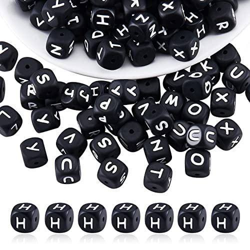 BEEFLYING 20 Stück Schwarzer Würfel Buchstabe H Silikonperlen 12x12x12 mm Quadratische Würfel Alphabetperlen mit 2 mm Lochabstandshalter Lose Perlen für Armbänder Halsketten Schmuckherstellung von BEEFLYING