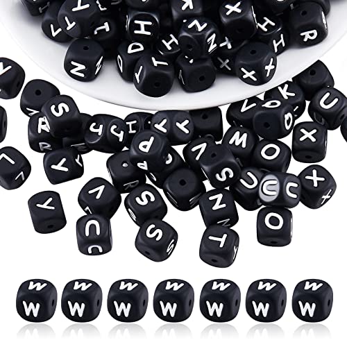 BEEFLYING 20 Stück Schwarzer Würfel Buchstabe W Silikonperlen 12x12x12 mm Quadratische Würfel Alphabetperlen mit 2 mm Lochabstandshalter Lose Perlen für Armbänder Halsketten Schmuckherstellung von BEEFLYING