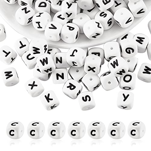 BEEFLYING 20 Stück Weißer Würfel Buchstabe C Silikonperlen 12x12x12 mm Quadratische Würfel Alphabetperlen mit 2 mm Lochabstandshalter Lose Buchstabenperlen für Armbänder Halsketten Schmuckherstellung von BEEFLYING