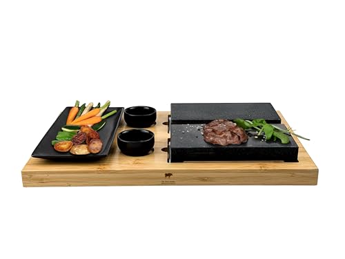 BEEFSTONE Lavastein Steak-Brett Hot Stone Steingrill Set aus Bambusbrett Lavastone und Porzellan-Platte, Fleisch, Fisch grillen auf heißem Stein (Due V2) von BEEFSTONE