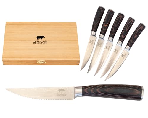 BEEFSTONE Steakmesser Set 6 teilig, Profi Kochmesser, Ergonomischer Holzgriff, Wellenschliff, Geschenkidee mit Kiste aus Holz zur Aufbewahrung BEEFSTONE Steakmesser Set 6 teilig, Profi Kochmesser, Ergonomischer Holzgriff, Wellenschliff, Geschenkidee mit Kiste aus Holz zur Aufbewahrung von BEEFSTONE