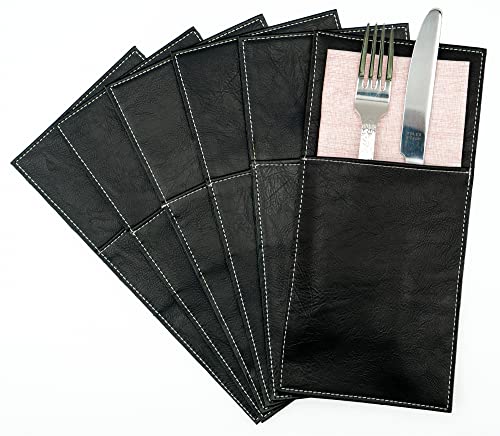 Bestecktaschen 6er Pack aus PU Leder | Besteckhalter mise en place für Besteck und Serviette abwaschbar Kunstleder Lederoptik vegan für Gastronomie und zu Hause „vintage“ Look (Nachtschwarz) von BEEFSTONE
