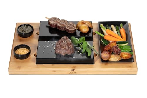 Heisser Stein Grill Steinplatte - Beefstone "Modell DUE" Hot Stone Steak Maker Lavasteine Grill Holzbrett Bambus I Lavastein Steak I Heisser Stein Raclette komplett Set mit 8 Teilen von BEEFSTONE