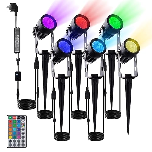 beek Gartenbeleuchtung RGB, 6 Stück Gartenleuchte Strom mit Erdspieß, Gartenstrahler mit Fernbedienung Kabe Stecker, IP65 Wasserdicht Gartenlampe Außenbeleuchtung für Garten, Bäume, Party… von beek
