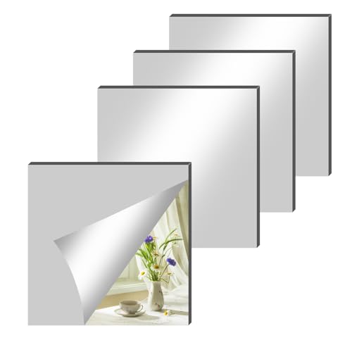 BEELUKY 4 Stück Glas HD Klebespiegel 20x20cm Spiegelfliesen Selbstklebend Spiegel zum Kleben mit 40 Klebe Mat Fliesenspiegel Dekorative Wandspiegel für Schlafzimmer Wohnzimmer Badezimmer Schrank Tür von BEELUKY