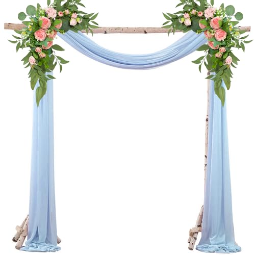 BEELUKY Querbehang Freihanddeko Hellblau 75x800cm Hochzeit Vorhang mit 22m Satinband Hochzeitsbogen Gardinen Querbehang Transparente für Wohnzimmer Hochzeitsfeier Zeremonie Bühnendekoration von BEELUKY