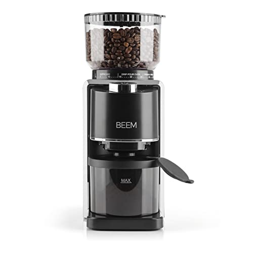 BEEM GRIND-PERFECT Elektrische Kaffeemühle - 250 g | 35-stufige Mahlgradeinstellung, Kegelmahlwerk, Mengendosierung per Drehrad einstellbar (2-12 Tassen) | Direkt in Siebträger mit Ø 52-58 mm mahlen von BEEM