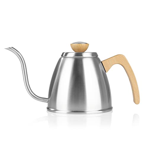 POUR OVER Wasserkessel mit integriertem Thermometer | Schwanenhals-Ausguss | Für Induktions-, Elektro- & Glaskeramikkochfelder | Rostfreier Edelstahl & Holz-Applikationen | 0,9 l Fassungsvermögen von BEEM