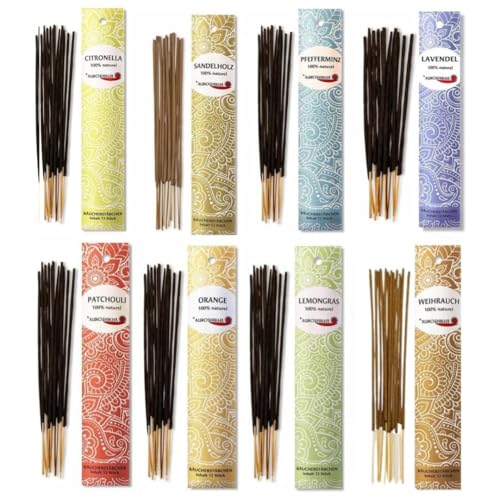 8 Düfte je 12 Stäbchen Packung AUROSHIKHA Indische Räucherstäbchen 100% natürlich ohne Chemie aus hochwertigen Ölen und Holz-Pulver Traditionelles Indisches Räucherwerk von BIMONI