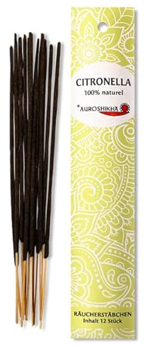 Citronella AUROSHIKHA Indische Räucherstäbchen 100% natürlich ohne Chemie aus hochwertigen Ölen und Holz-Pulver Traditionelles Indisches Räucherwerk für Meditation, Raumreinigung, Entspannung von BIMONI