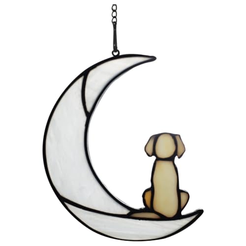 BEEOFICEPENG Beileidsgeschenk für den Verlust des Hundes, Buntglas-Hund auf Mond als Sonnenfänger, gelber Hund, Gedenkgeschenk für Haustierverlust, einfache Installation von BEEOFICEPENG