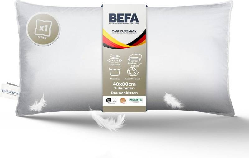 BEFA NATUR 3-Kammer-Kopfkissen "Träum süß" kuschelweiches Premium Daunen- & Feder-Kissen 40-80x80 cm, Füllung: Außen: 90% Daunen, 10% Federn - Innen: 100% Federn, Bezug: Baumwolle, Seitenschläfer, Rückenschläfer, Bauchschläfer, Spar-Set, Kopfkissen 1 tlg., Made in Germany - himmlischer Schlafkomfort - Allergiker geeignet von BEFA NATUR
