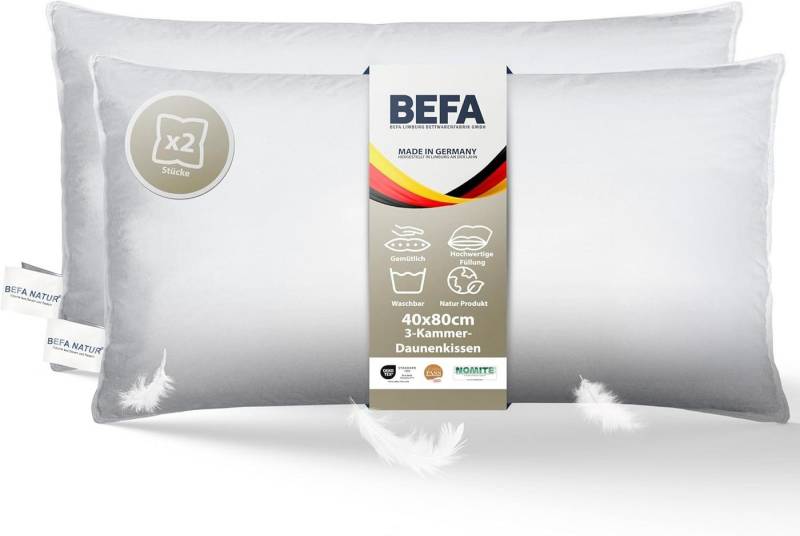 BEFA NATUR 3-Kammer-Kopfkissen "Träum süß" kuschelweiches Premium Daunen- & Feder-Kissen 40-80x80 cm, Füllung: Außen: 90% Daunen, 10% Federn - Innen: 100% Federn, Bezug: Baumwolle, Seitenschläfer, Rückenschläfer, Bauchschläfer, Spar-Set, Kopfkissen 2 tlg., Made in Germany - himmlischer Schlafkomfort - Allergiker geeignet von BEFA NATUR