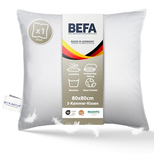 BEFA NATUR Made in Germany 3-Kammer Kopfkissen 80x80 cm, weiß, Allergiker geeignet (nomite), Öko-Tex 100 Klasse 1 Zertifiziert, Downpass von BEFA NATUR