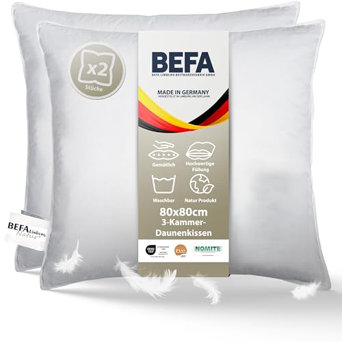 BEFA NATUR Daunenkissen 80x80 cm (2 Stück) | 3-Kammer Kopfkissen | 90% Daunen & 10% Federkissen | je 1400g Füllgewicht | Allergiker (NOMITE) | Tierwohl (DOWNPASS) | OEKO-TEX Klasse 1 | Made in Germany von BEFA NATUR
