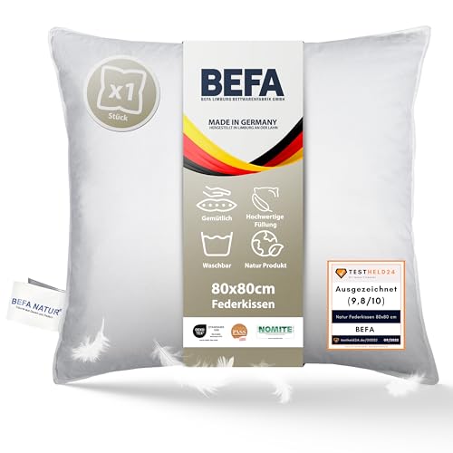 BEFA NATUR Made in Germany Federkissen 80x80 cm aus 100% Federn, Allergiker geeignet (Nomite), Öko-Text 100 Klasse 1 Zertifiziert, EN Standart 12934, Downpass BEFA NATUR Made in Germany Federkissen 80x80 cm aus 100% Federn, Allergiker geeignet (Nomite), Öko-Text 100 Klasse 1 Zertifiziert, EN Standart 12934, Downpass von BEFA NATUR