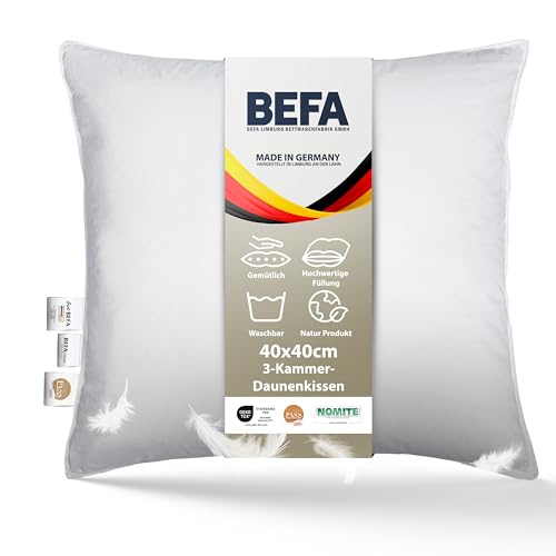 BEFA NATUR Made in Germany 3-Kammer-Kissen 40 x 40 cm aus 90% Daunen und 10% Federn, Allergiker geeignet (Nomite), Öko-Text 100 Klasse 1 Zertifiziert, EN Standart 12934, Downpass von BEFA NATUR