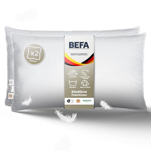 BEFA NATUR Federkissen 60x80 cm extra fest (2 Stück) | Kopfkissen Set 100% Federn | 2250g Füllgewicht/Stück | Allergiker (NOMITE) | Tierwohl (DOWNPASS) | Oeko-TEX Klasse 1 | Made in Germany von BEFA NATUR