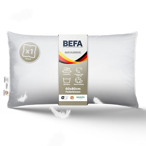 BEFA NATUR Made in Germany extra festes Federkissen 60x80 cm, Allergiker geeignet (Nomite), Öko-Text 100 Klasse 1 Zertifiziert, EN Standart 12934, Downpass von BEFA NATUR