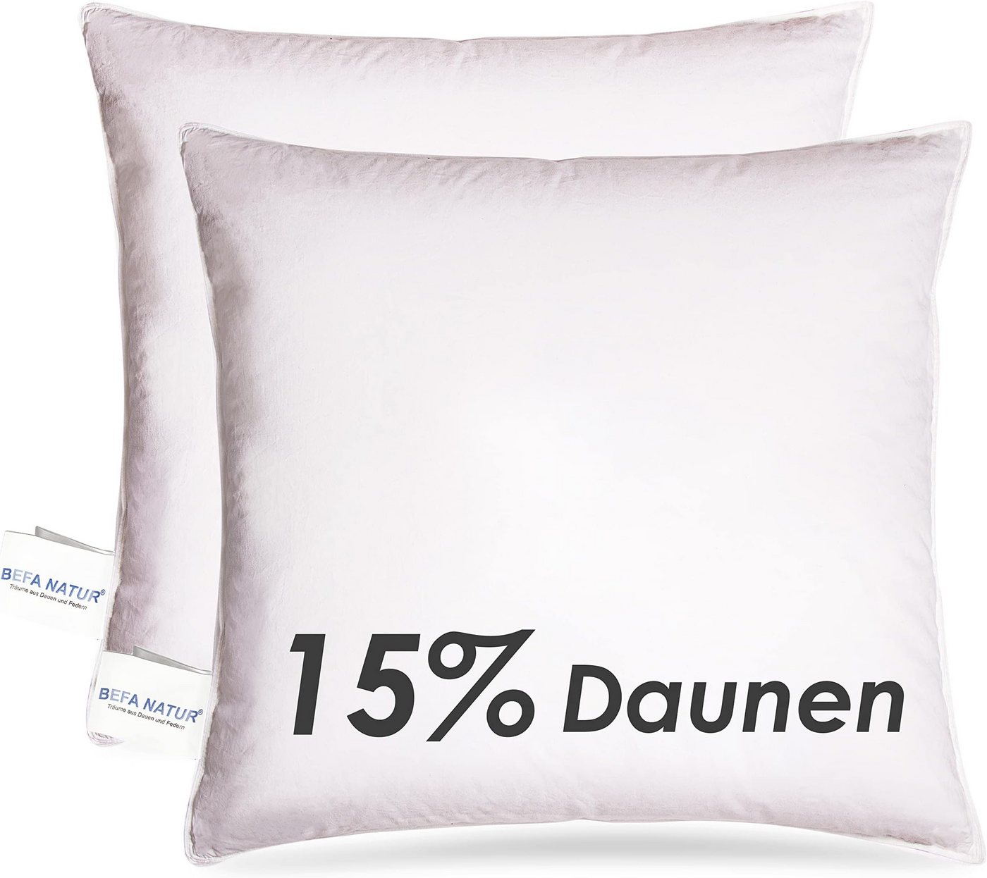 Daunenkissen kuscheliges Premium Daunenkopfkissen (mit 15% Daunenanteil) 80 x 80 cm, BEFA NATUR, Füllung: 15% Daunen, 85% Federn, Seitenschläfer, Bauchschläfer, Rückenschläfer, Spar-Set, 1 oder 2 tlg., Made in Germany - himmlischer Schlafkomfort - Allergiker geeignet von BEFA NATUR