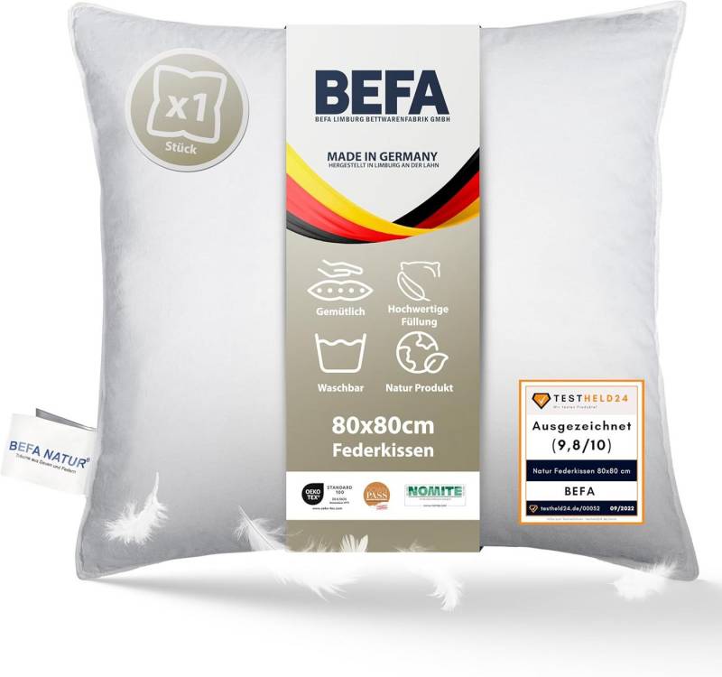 BEFA NATUR Federkopfkissen kuschelig weiches Premium Federkissen 80 x 80 cm, Füllung: 100% Entenfedern, Seitenschläfer, Rückenschläfer, Bauchschläfer, Spar-Set, Kopfkissen 1 tlg., Made in Germany - hochwertige Verarbeitung - Allergiker geeignet von BEFA NATUR