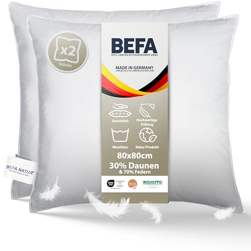 BEFA NATUR Made in Germany Kopfkissen 80x80 cm mit 30% Daunen & 70% Federn Klasse 1, weiß, Füllgewicht: 1100g. Allergiker geeignet (nomite), Downpass (2 Stück) von BEFA NATUR