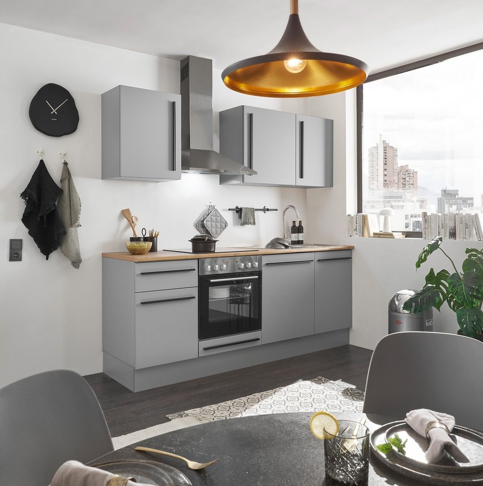 BEGA BBK Küchenzeile Grau / Grau matt mit Lancelot Eiche Dekor - 220x211x60cm (BxHxT) von BEGA BBK