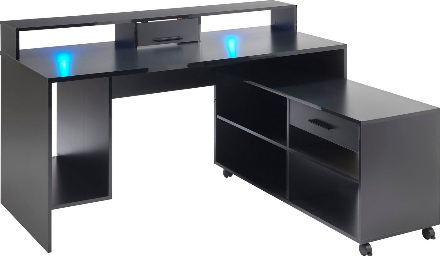 BEGA OFFICE Gamingtisch Highscore, Schwarz inkl. RGB-LED Farbwechsel, Computertisch mit Rollcontainer von BEGA OFFICE