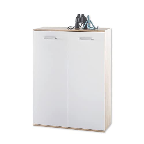 MANOLO 1 Schuhschrank Weiß, Eiche Sonoma Optik - Praktische Schuhkommode zur platzsparenden Aufbewahrung von Schuhen - 90 x 118 x 35 cm (B/H/T) von Stella Trading