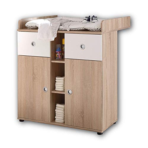 WIKI Praktische Baby Wickelkommode inkl. Aufsatz - Vielseitiger Wickeltisch mit viel Stauraum in Eiche Sonoma Optik, Weiß - 89 x 101 x 78 cm (B/H/T) WIKI Praktische Baby Wickelkommode inkl. Aufsatz - Vielseitiger Wickeltisch mit viel Stauraum in Eiche Sonoma Optik, Weiß - 89 x 101 x 78 cm (B/H/T) von Stella Trading