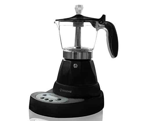 BEHOME Programmierbare elektrische Kaffeemaschine Moka Elektrische 3 Tassen mit Timer, heißer Kaffee für 30 Minuten, schwarzes Aluminium (mit Timer) von BEHOME