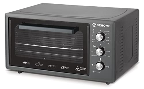 BEHOME Elektrischer Umluftofen 48 Liter mit Drehspieß, selbstreinigend und emailliert, Temperatur bis 320 °, Doppelverglasung mit Innenbeleuchtung und Timer, 2 Backformen und 1 Grillrost (grau) von BEHOME