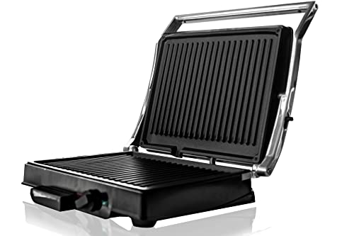 Elektrische Grillpfanne aus Gusseisen mit doppelter Antihaft-Platte 1800 Watt Grill, einstellbare Temperatur und Fettauffangschale von BEHOME