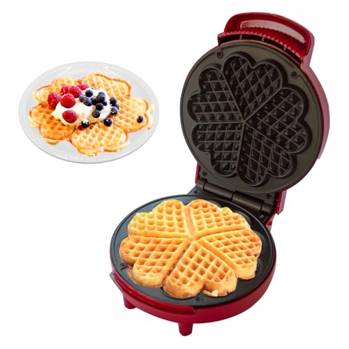 BEHOME Waffeleisen Mit Herzwaffelform, Waffelmaker mit Antihaftbeschichtung für 5 Waffeln, rutschfeste Füße 1000W, Rot von BEHOME