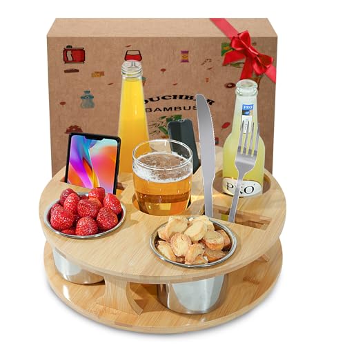 BEIERMU Runde Couchbar aus Bambus Holz, Sofa Organizer auf dem Beistelltische Couchtisch, Couchbar Snackbox Ideal für Wohnzimmer Schlafzimmer Garten Camping Geburtstagsgeschenk für Männer von BEIERMU