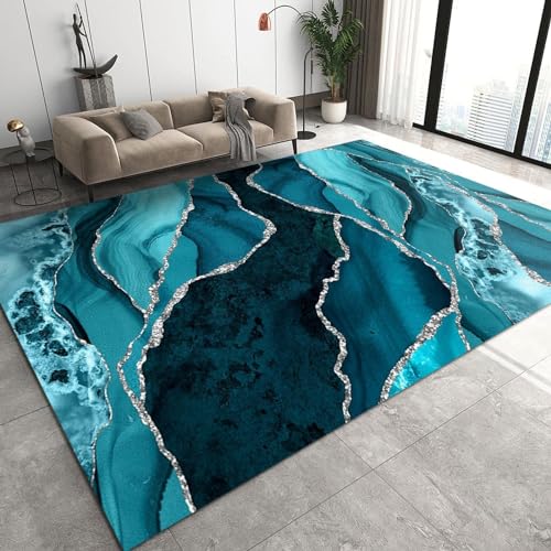 BEIGGA LuxuriöSe Abstrakte Blaue Marmorstruktur Teppich, Moderne Geometrische UnregelmäßIge Wasserwellen Indoor-Teppiche - für Schlafzimmer Wohnzimmer Esszimmer Balkon,70 x 140 cm von BEIGGA