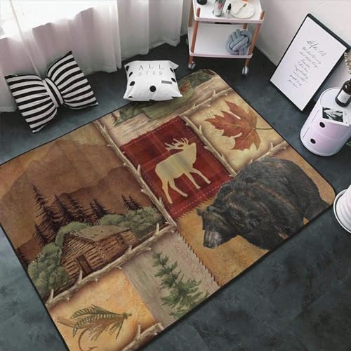 BEIGGA Rustikale HüTte Mit BäRen-Elch-Muster Teppiche Gegend, Drucken Großer Teppich, für Wohn-Esszimmer-Schlafzimmer-Dekoration, 70 x 140 cm von BEIGGA