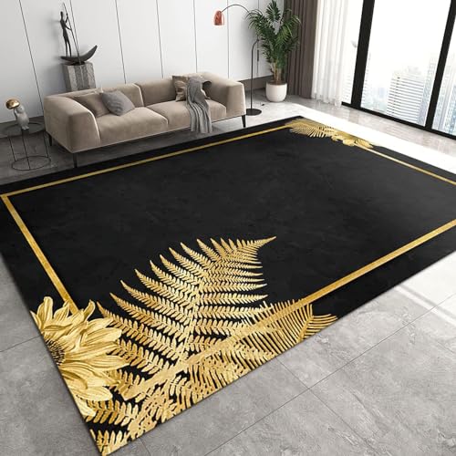 BEIGGA Schwarzer Luxus Indoor-Teppich, Goldenen Blättern Schmutzabweisender Rutschfester Großer Teppiche - für Schlafzimmer Wohnzimmer Esszimmer Balkon,100 x 150 cm von BEIGGA