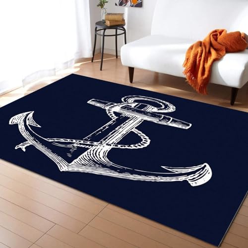 BEIGGA Seeanker Marineblau Teppiche Gegend, Ankerkompass rutschfest Großer Teppich, für Eingangsbereich Innen Schlafzimmer Kinderzimmer,60 x 110 cm von BEIGGA