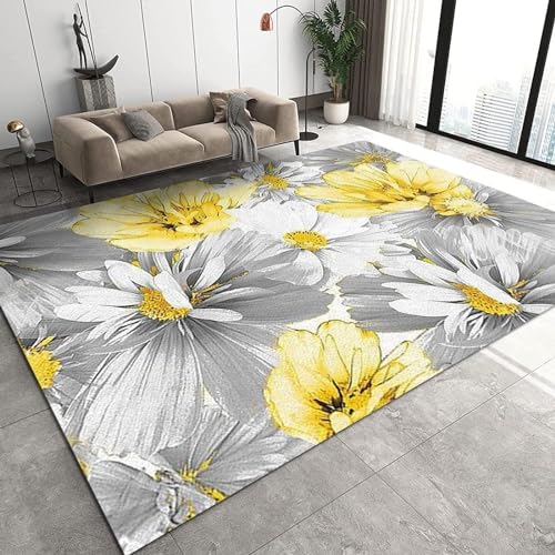 BEIGGA WeißE Und Gelbe Vintage-Blumen Teppiche Gegend, Graue Vintage-Blumen Schmutzabweisender Rutschfester Teppich, für Eingangsbereich Innen Schlafzimmer Kinderzimmer, 150 x 200 cm von BEIGGA