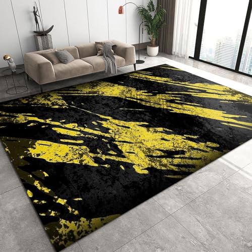 Gelb-schwarzer Unregelmäßiger Graffiti-Stil Kinderteppich, Moderne Abstrakte Kunst Großer Teppiche - für Küche und Balkon Dekor Schlafzimmer Wohnzimmer Bodenteppich,80 x 150 cm von BEIGGA