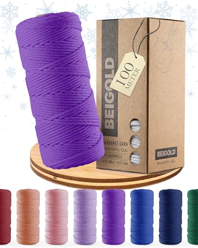BEIGOLD® Premium Makramee Garn 3mm x 100m - Makramee Deep Purple- Lila - Baumwollgarn Mischgarn zum Knüpfen von Macrame - Rope Garn - Makramee-Garn aus Baumwolle für Kunst DIY Handwerk von BEIGOLD