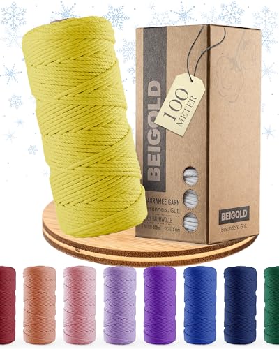 BEIGOLD® Premium Makramee Garn Sommer Gelb - Makramee Garn 3mm x 100 m für wunderschöne natürliche Optik. Baumwollgarn für Makramee Kunst DIY Handwerk von BEIGOLD